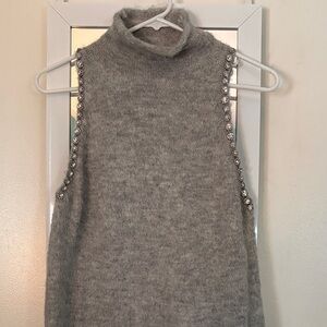 Zara Gray Embellished Sleeveless Turtleneck Sweater